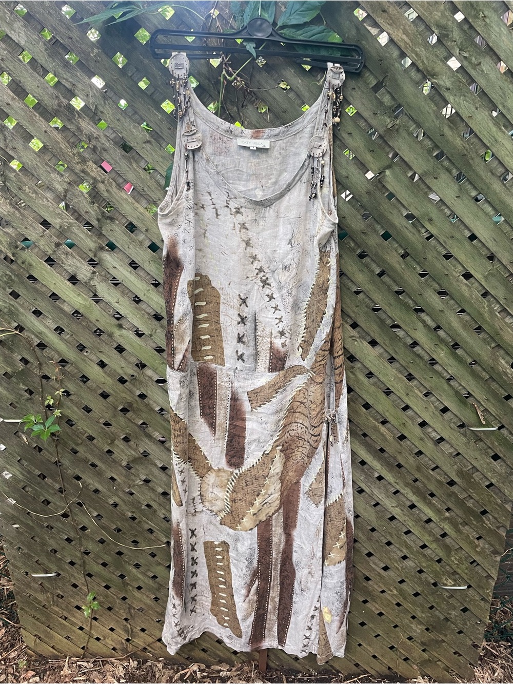 Vintage Caty Lesca Boho Patchwork Sleeveless Maxi Dress in Neutral Tones